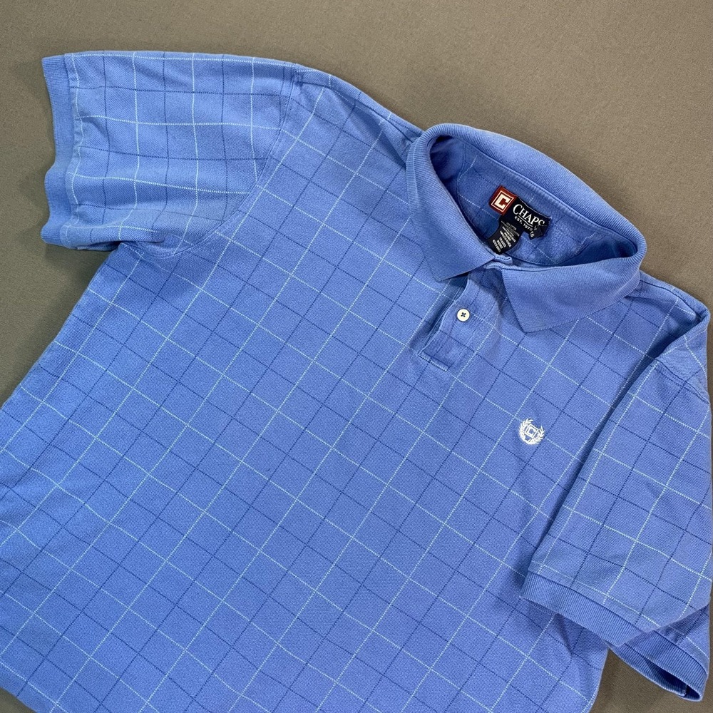 Chaps‎ Polo Shirt Mens 2XL Blue Check Windowpane Cotton Knit Crest Logo